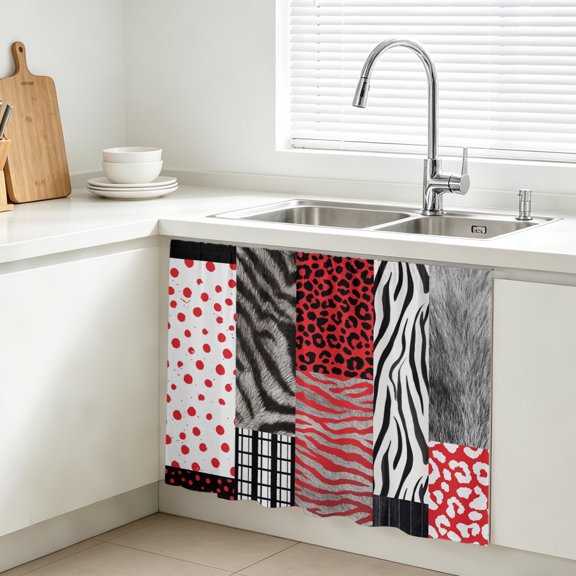 Animal Print Cabinet Curtains for Kitchen 11"W x 13"L, Art Rustic Red Gray Leopard Zebra Tiger Stripes Plaid Vanity Cabinet Curtains Magic Tape Short Curtain Decor Privacy Panel for Bathroom Laundry