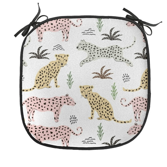 Animal Print Chair Seating Cushion, Cartoon Pattern of Leopards, Soft Seat Pads for Office with Anti-slip Backing, 16"x16", White Multicolor, by Ambesonne