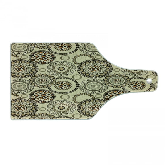 Animal Print Cutting Board, Safari Pattern Cheetah Skin Print Fauna Theme in Neutral Colors, Decorative Tempered Glass Cutting and Serving Board, Wine Bottle Shape, Brown Beige, by Ambesonne