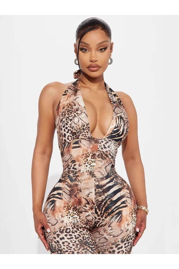 Animal Print Halter Neck Bodycon Jumpsuit (S, Brown)
