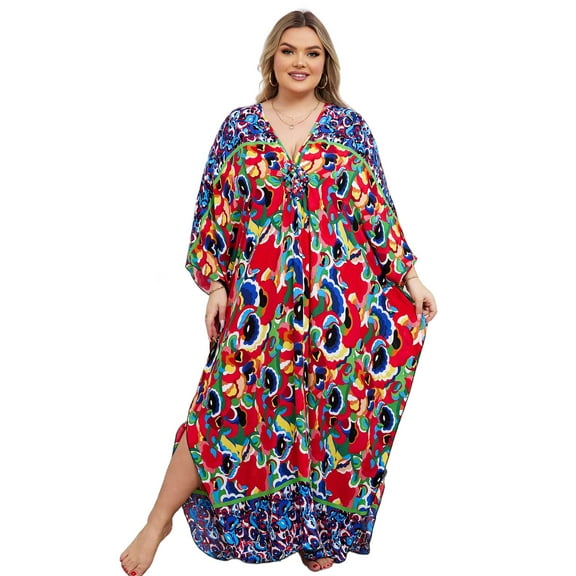 Animal Print Kaftan Dresses for Women Plus Size Caftan Loungewear Beach Party Casual Dress Oversized Vacation Tunic Striped V-Neck Night Gown