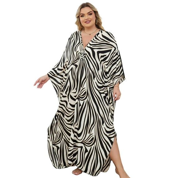 Animal Print Kaftan Dresses for Women Plus Size Caftan Loungewear Beach Party Casual Dress Oversized Vacation Tunic Striped V-Neck Night Gown