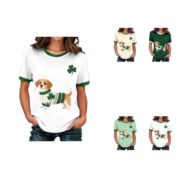 Animal Print Knitted Ribbed Short Sleeve T-Shirt Casual Crewneck Tee Top for Daily Wear St Patricks Day Women Shamrock Leaf Clover Dachshund Irish Sweater Character count: 187