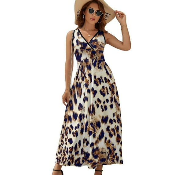 Animal Print, Leopard Texture Sleeveless Dress Dresses Women Summer Evening Dresses Ladies Bohemia Long Dresses