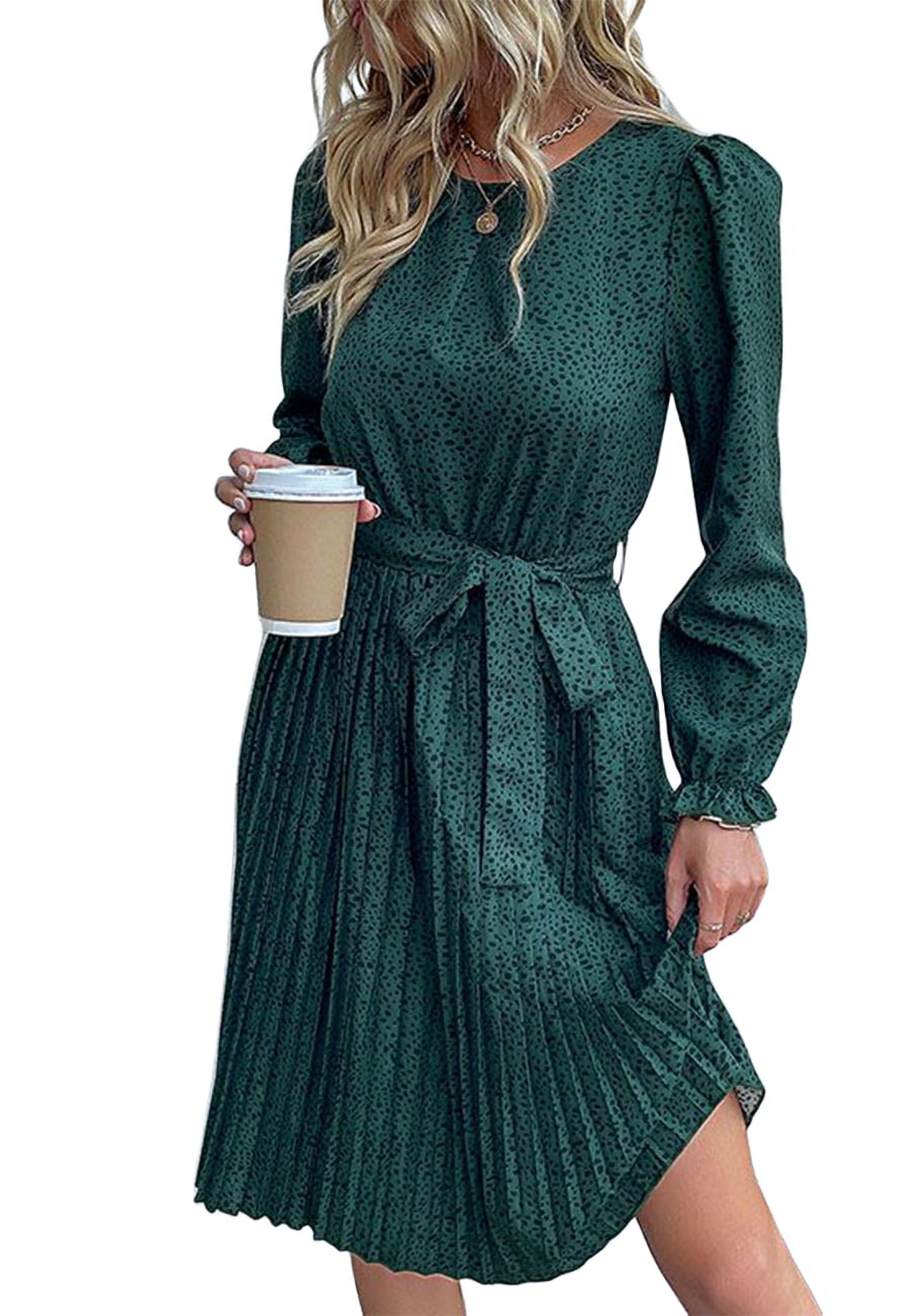 Feinuhan Animal Print Long Sleeve Pleated Dress for Women Above Knee Length Olive Green Large, Women's