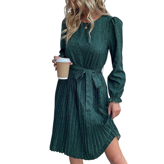 Animal Print Long Sleeve Pleated Dress for Women Above Knee Length Olive Green Small