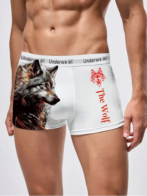 Animal Print Men's White Boxer Briefs Stretch Fit Underwear for Casual & Athletic Use