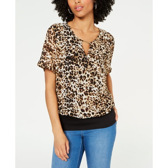 Animal Print Mixed-Materials Top Leopard M
