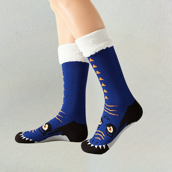 Animal Print Non-Slip Floor Socks for Adults,Plush Fleece Lined Winter Grip Socks,Thermal Anti-Skid House Socks with Animal Designs,Cozy Indoor Outdoor Slip-Resistant Socks for Women and Men - Blue