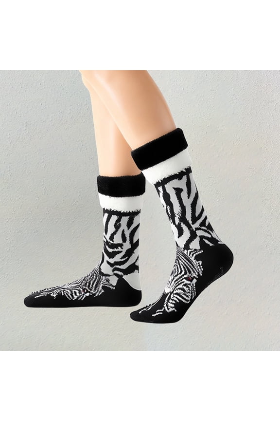 Animal Print Non-Slip Floor Socks for Adults,Plush Fleece Lined Winter Grip Socks,Thermal Anti-Skid House Socks with Animal Designs,Cozy Indoor Outdoor Slip-Resistant Socks for Women and Men - Black