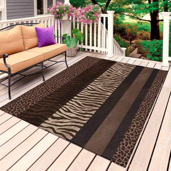 Animal Print Outdoor Rug 4x6 Ft, Non Slip Washable Area Rug, Abstract Leopard Zebra Skin Texture Brown Patio Rugs Carpet Runner, Large Floor Mat for Indoor/Outdoor Deck Porch Camping