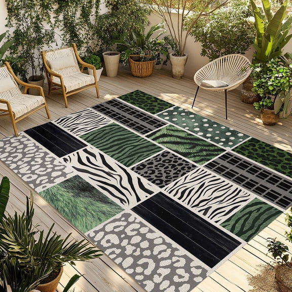 Animal Print Outdoor Rug, Art Rustic Green Leopard Zebra Tiger Stripes Plaid Non-Slip Area Rugs Carpet Breathable Large Floor Mat for Outdoors Patio Porch Deck Beach 3’ x 5’