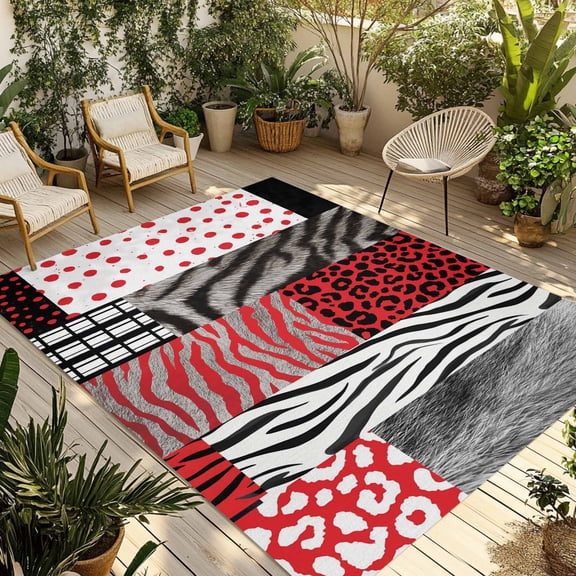 Animal Print Outdoor Rug, Art Rustic Red Gray Leopard Zebra Tiger Stripes Plaid Non-Slip Area Rugs Carpet Breathable Large Floor Mat for Outdoors Patio Porch Deck Beach 3’ x 5’