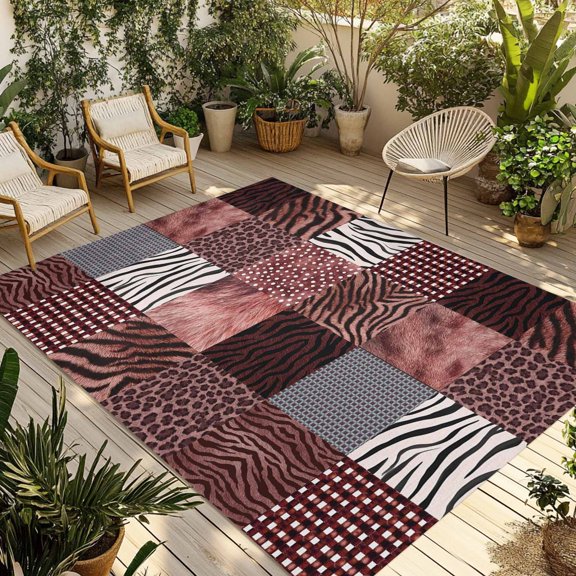 Animal Print Outdoor Rug, Rustic Leopard Zebra Tiger Stripes Plaid Red Non-Slip Area Rugs Carpet Breathable Large Floor Mat for Outdoors Patio Porch Deck Beach 3’ x 5’