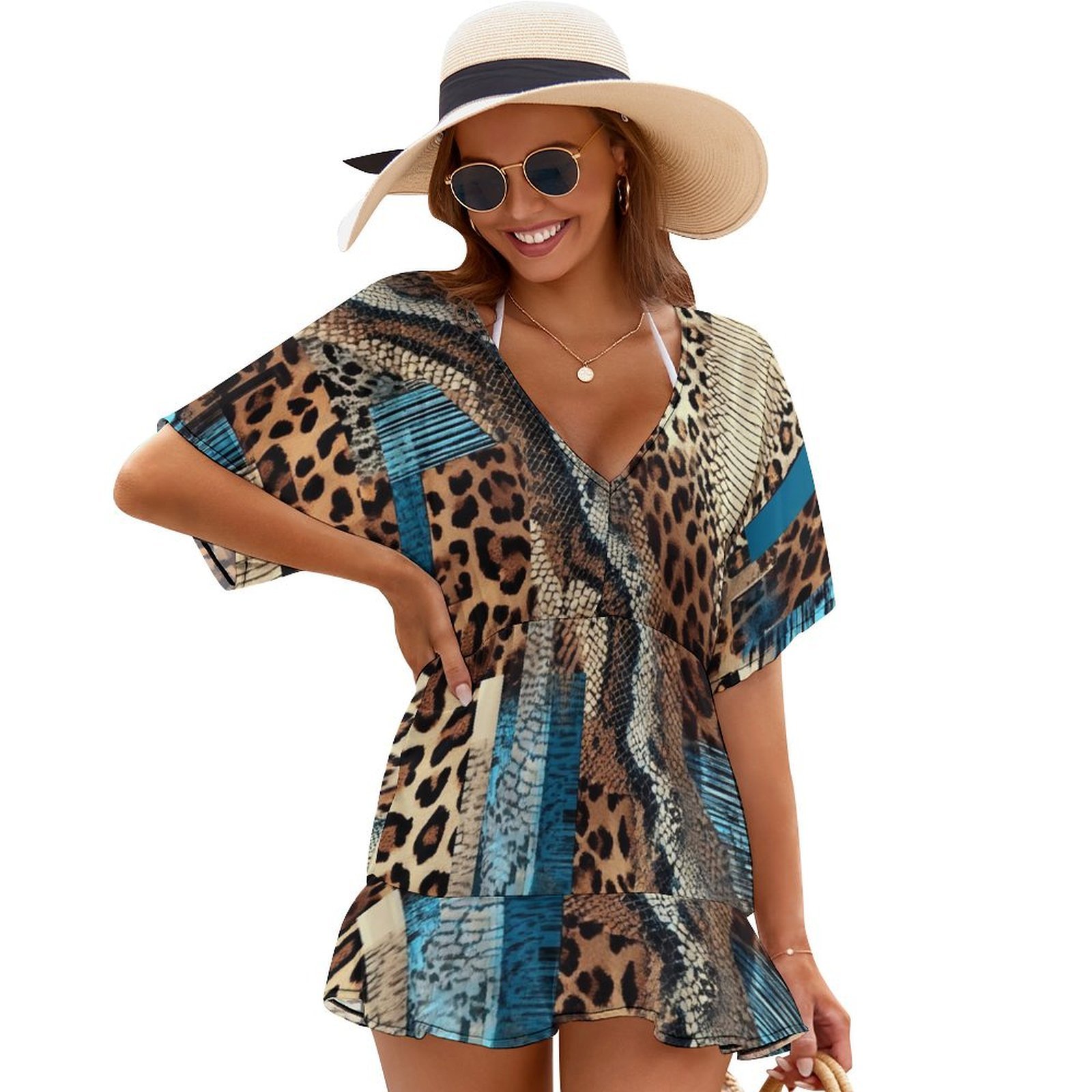 Animal Print Patchwork Abstract Beach Cover Ups Women V Neck Short ...