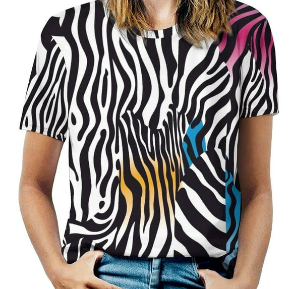 Animal Print Patterns Womens Tops Women's Fashion Casual Short Sleeve Flower Print Round Neck Pullover Top Blouse