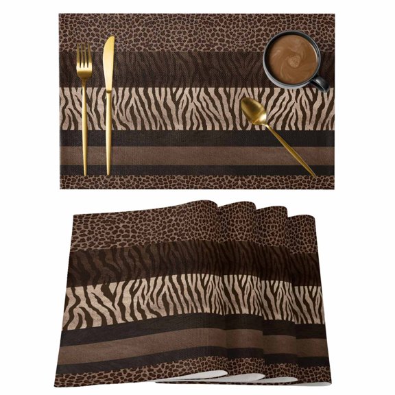 Animal Print Placemats Set of 4, Abstract Leopard Zebra Skin Texture Brown Placemats for Dining Table, Place Mats for Kitchen Tabletop, Waterproof Wipeable Dining Table Mats Set