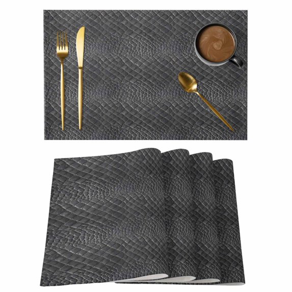 Animal Print Placemats Set of 6, Minimalist Vintage Animal Leather Black Placemats for Dining Table, Place Mats for Kitchen Tabletop, Waterproof Wipeable Dining Table Mats Set