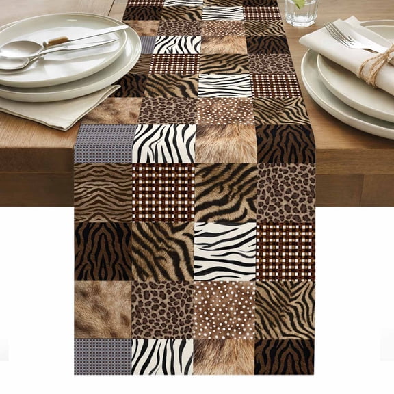 Animal Print Plaid Table Runner Modern Geometric Leopard Print Tablerunners 13 x 36 Inch, Table Decorations Tabletop Scarf for Summer Gathering Holiday Farmhouse Kitchen Dining Decor