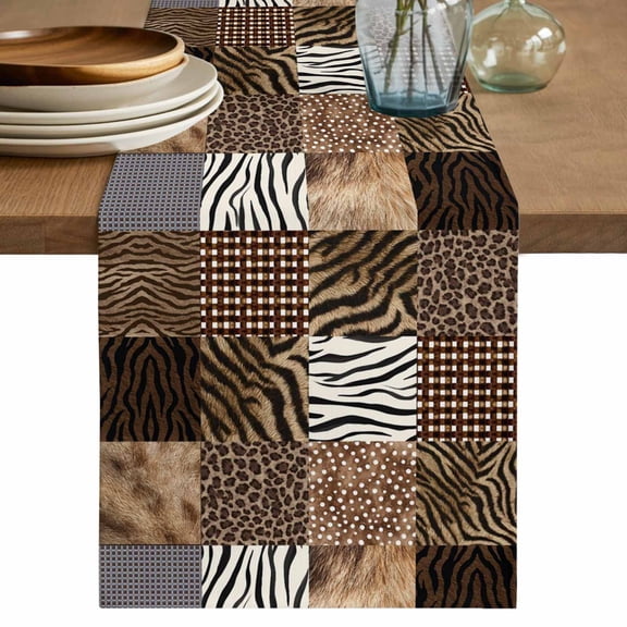 Animal Print Plaid Table Runner, Modern Geometric Leopard Print Washable Cotton Linen Table Runners 36 Inches Long, Dresser Scarf Runner for Nightstand/End Tables/Round Tables 13''x36''