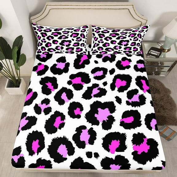 Animal Print Queen Fitted Sheet Leopard Print Sheets, African Safari Wildlife Bed Sheets Black Pink Bed Cover, Cheetah Bed Set Luxurious Bedroom Decor Teens Adults (Deep Pocket)