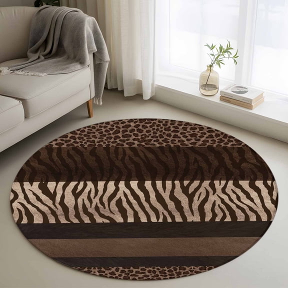 Animal Print Round Area Rug 4ft, Abstract Leopard Zebra Skin Texture Brown Washable Non-Slip Circle Rugs for Bedroom Living Room Kitchen, Soft Non Shedding Circle Carpet for Dining Room Dorm