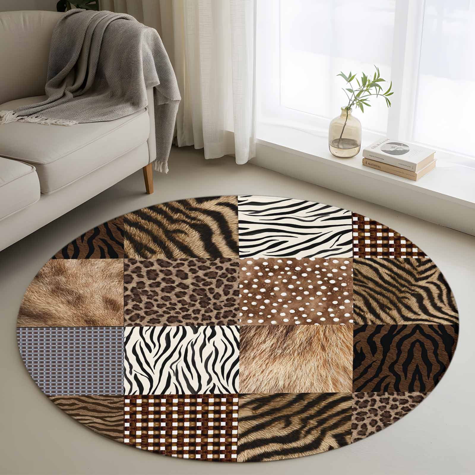 Animal Print Round Living Room Rugs 3.3 ft, Rustic Leopard Zebra Tiger ...