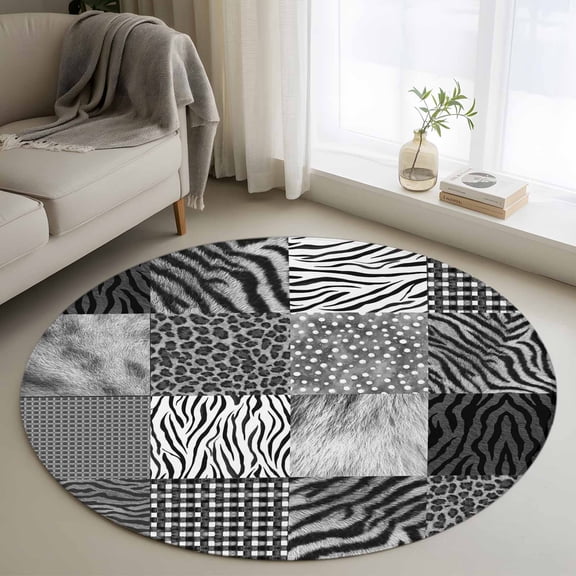 Animal Print Round Rugs for Living Room 3ft Art Rustic Gray Leopard Zebra Tiger Stripes Plaid Non Slip Circle Rug Washable Low-Profile Indoor Carpet for Bedroom, Dining Room, Bathroom
