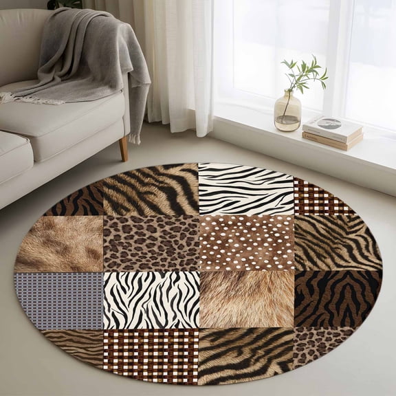 Animal Print Round Rugs for Living Room 3ft Rustic Leopard Zebra Tiger Stripes Plaid Non Slip Circle Rug Washable Low-Profile Indoor Carpet for Bedroom, Dining Room, Bathroom