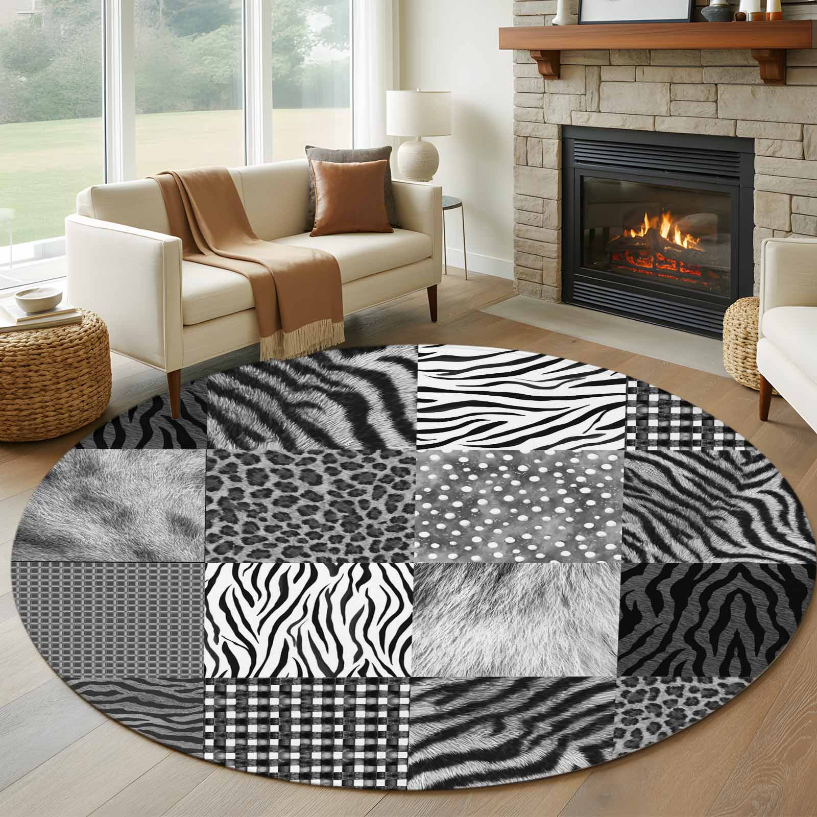 Animal Print Round Rugs for Living Room 6ft Art Rustic Gray Leopard ...