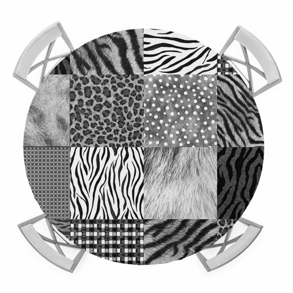 Animal Print Round Table Cover, Art Rustic Gray Leopard Zebra Tiger Stripes Plaid Waterproof Fitted Tablecloths for 45"-54" Tables, Washable Picnic Table Cover for Camping Dining Indoor Outdoor