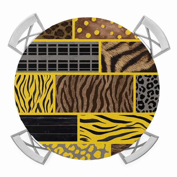 Animal Print Round Table Cover, Art Rustic Yellow Leopard Zebra Tiger Stripes Plaid Waterproof Fitted Tablecloths for 45"-54" Tables, Washable Picnic Table Cover for Camping Dining Indoor Outdoor