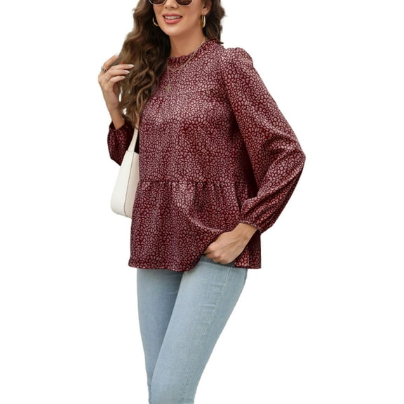 Animal Print Ruffle Neck Long Sleeve Tiered Blouse for Women Burgundy Medium
