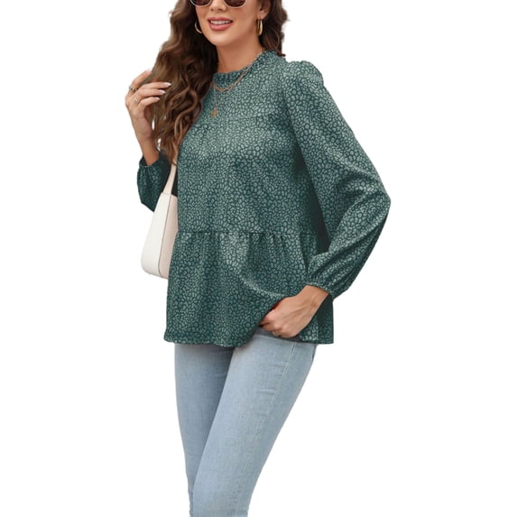 Animal Print Ruffle Neck Long Sleeve Tiered Blouse for Women Olive Green Large