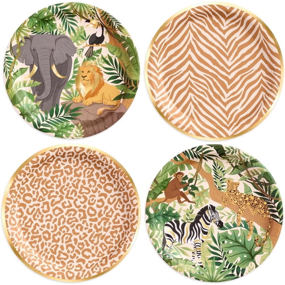 Animal Print Safari Paper Plates, 4 Designs | 24 pcs 9" | Kids Decorations, Jungle Party Setting, Wild Birthday Decor, Rainforest Tablescape, Zoo Table Decor