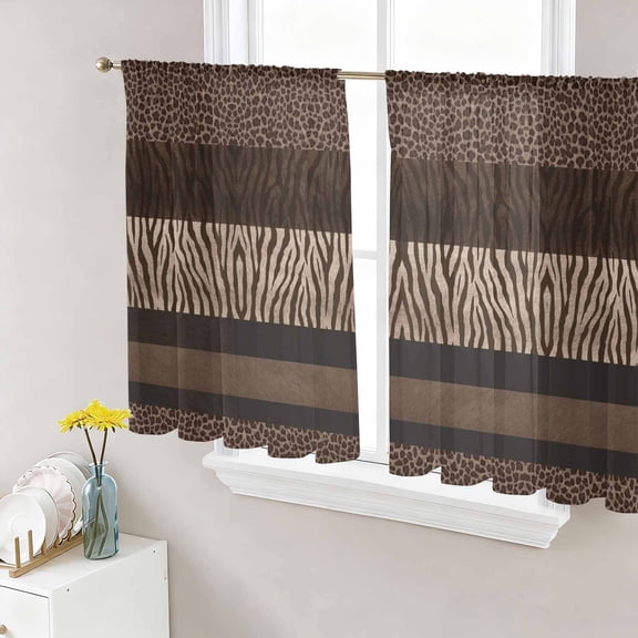 Animal Print Sheer Curtains 45 Inch Length 2 Panels Set, Abstract Leopard Zebra Skin Texture Brown Voile Window Treatment Rod Pocket Small Kitchen Curtains Drapes for Bedroom 52"x45"x2
