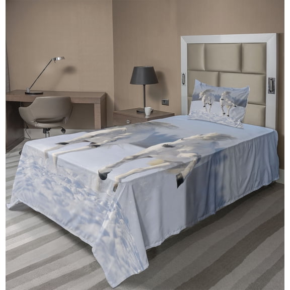 Ambesonne Animal Print Fitted & Top Sheet Set with Sham, Purebred Horses Wild, White Aqua