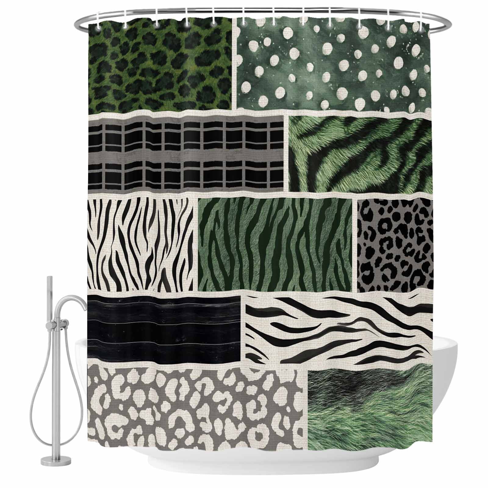 Animal Print Shower Curtain, 72"x72", Art Rustic Green Leopard Zebra