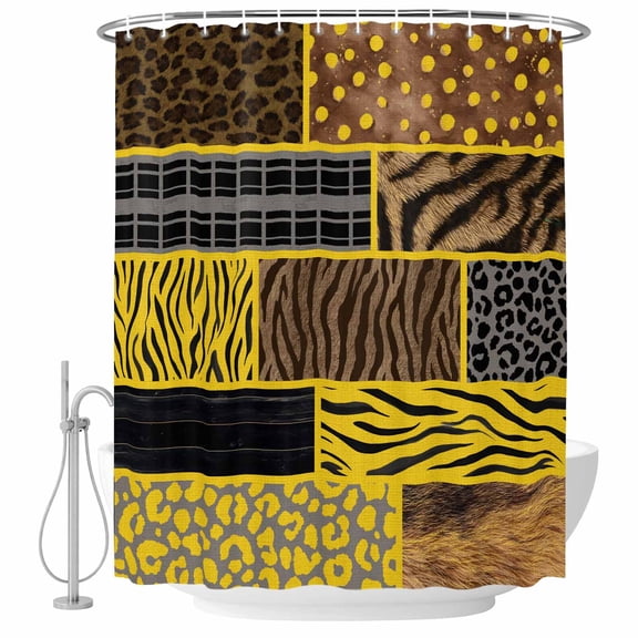 Animal Print Shower Curtain Set with Hooks, Art Rustic Yellow Leopard Zebra Tiger Stripes Plaid Water Repellent Shower Curtains for Bathroom Decor Sturdy Shower Curtain, Machine Washable 36x72 Inch
