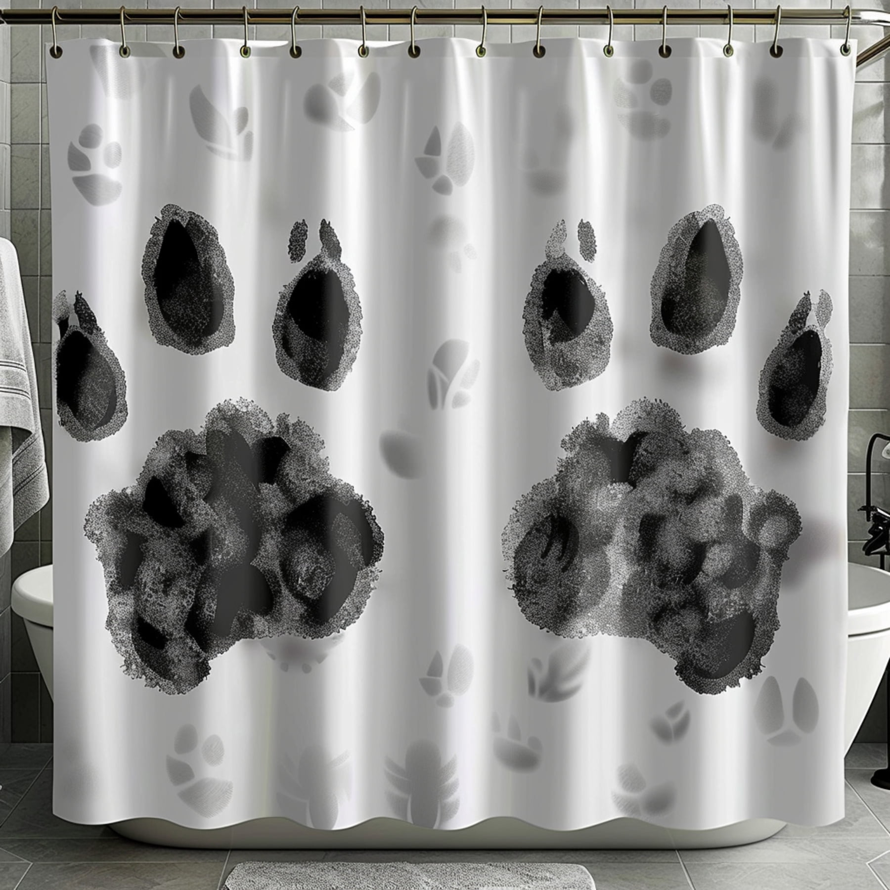 Animal Print Shower Curtain with White and Grey Bear Paw Design Unique