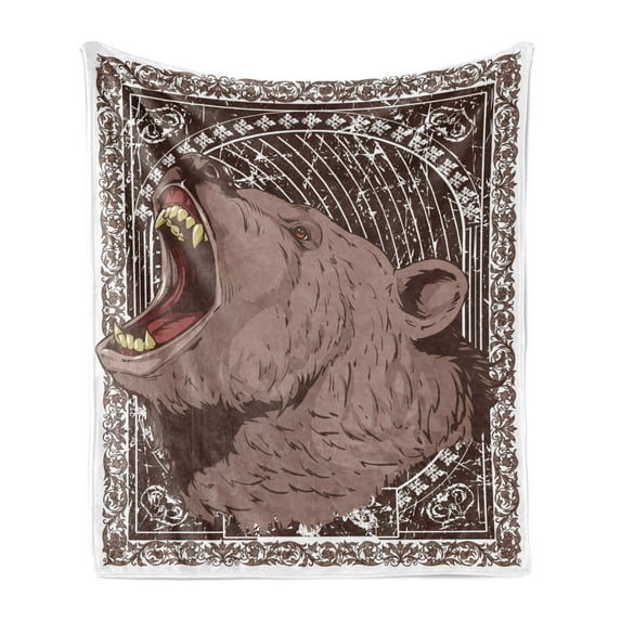 Animal Print Soft Flannel Fleece Blanket, Illustration of the Growling Grizzly Bear Head Sharp Teeth Animal Theme, Cozy Plush for Indoor and Outdoor Use, 50" x 70", Brown and White, by Ambesonne