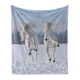 thumbnail image 1 of Animal Print Soft Flannel Fleece Blanket, Purebred Horses in Wildlife Snowy Forest Freedom Theme Winter Nature Landscape, Cozy Plush for Indoor and Outdoor Use, 60" x 80", White Aqua, by Ambesonne, 1 of 5