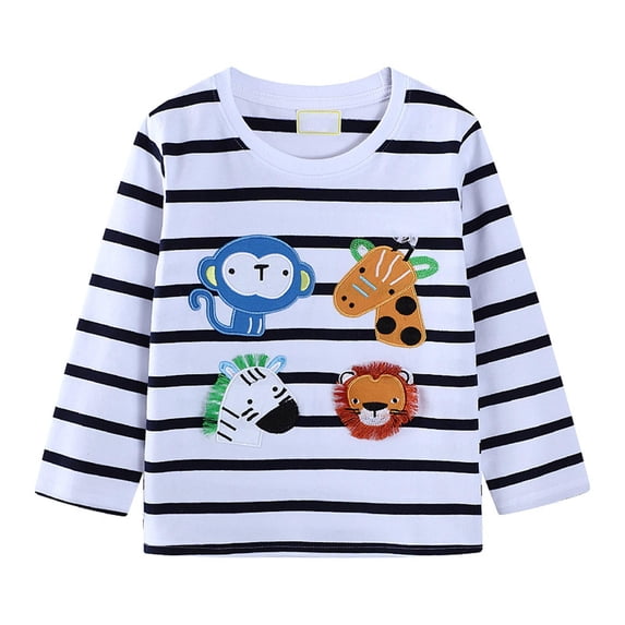 Animal Print Striped Toddler T-Shirt, Long Sleeve Crew Neck Breathable Shirt for Girls Boys Fall Casual