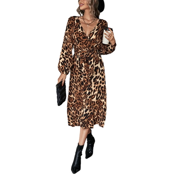Animal Print Surplice Neck Midi Dress for Women Mid-Calf Length