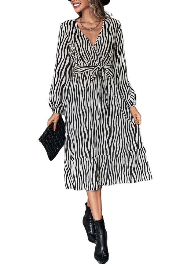Animal Print Surplice Neck Midi Dress for Women Mid-Calf Length