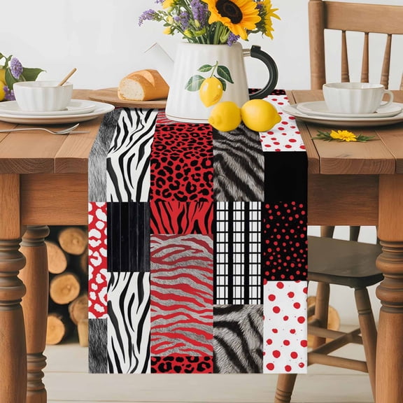 Animal Print Table Runner 13x60 Inch Art Rustic Red Gray Leopard Zebra Tiger Stripes Plaid Cotton Linen Dining Table Runner Ideal for Dresser Kitchen Coffee Tables - Machine Washable