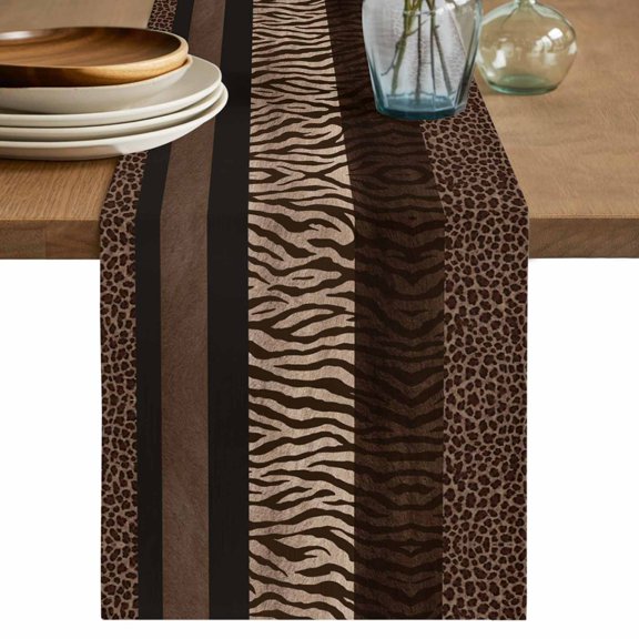 Animal Print Table Runner, Abstract Leopard Zebra Skin Texture Brown Washable Cotton Linen Table Runners 48 Inches Long, Dresser Scarf Runner for Nightstand/Coffee/End Tables 13''x48''