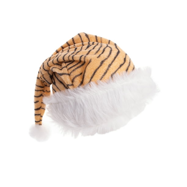 Animal Print Tiger Stripe Faux Fur Santa Costume Hat, Adult 7.25" Dia, Tan Black