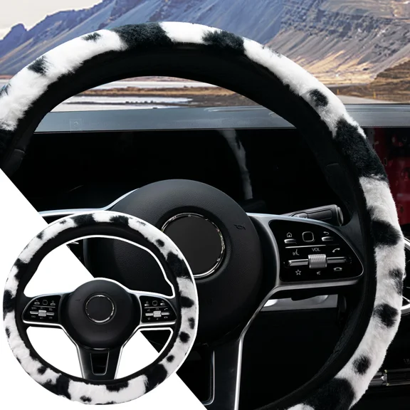 Animal Print Velour Car Steering Wheel Cover Cow Black+White Accessories Winter