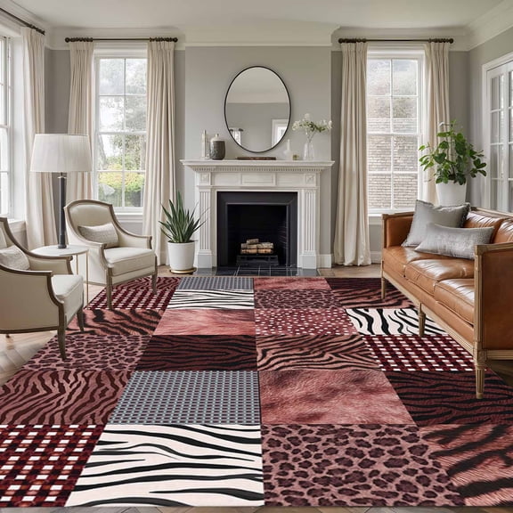 Animal Print Washable Living Room Rugs 5'x8', Rustic Leopard Zebra Tiger Stripes Plaid Red Low Pile Throw Large Area Rug Non-Slip Sturdy Edge Binding Carpet for Living Room Kitchen Office